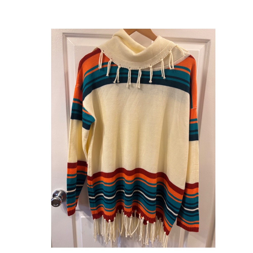 Panhandle Western Cowl Neck Striped Fringe Sweater Cream Orange Teal Boho XL